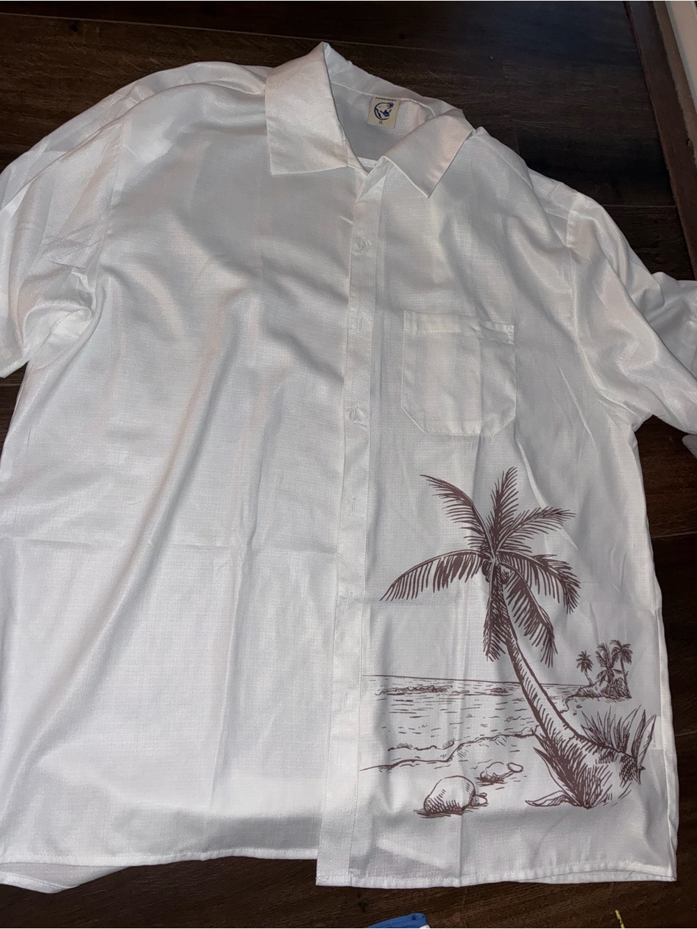 Men's White Short-Sleeve Button-Down Shirt with Brown Palm Print